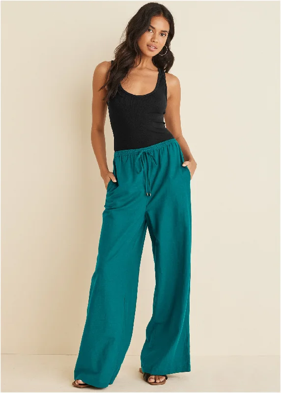 Cotton Linen Wide Leg Pants - Teal